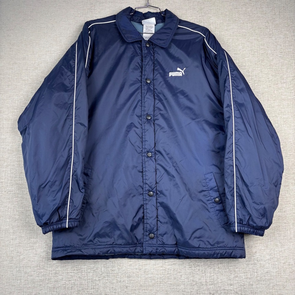 Puma Vintage Coaches Jacket Mens XL Navy Blue Snap Front Windbreaker Piping